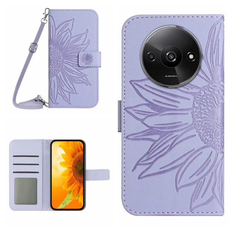 For Xiaomi Redmi A3 Skin Feel Sun Flower Embossed Flip Leather Phone Case with Lanyard(Purple) - Xiaomi Cases by buy2fix | Online Shopping UK | buy2fix