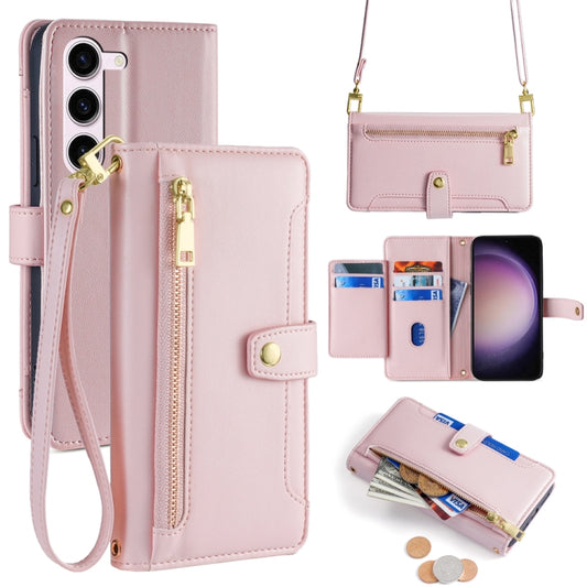 For Samsung Galaxy S23 5G Sheep Texture Cross-body Zipper Wallet Leather Phone Case(Pink) - Galaxy S23 5G Cases by buy2fix | Online Shopping UK | buy2fix