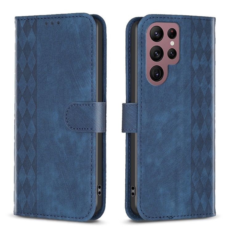 For Samsung Galaxy S22 Ultra 5G Plaid Embossed Leather Phone Case(Blue) - Galaxy S22 Ultra 5G Cases by buy2fix | Online Shopping UK | buy2fix