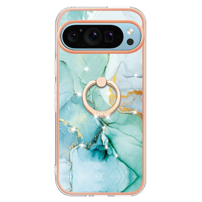 For Google Pixel 9 / 9 Pro Electroplating Marble IMD TPU Phone Case with Ring Holder(Green 003) - Google Cases by buy2fix | Online Shopping UK | buy2fix