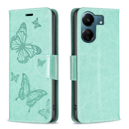 For Xiaomi Redmi 13C Two Butterflies Embossing Leather Phone Case(Green) - 13C Cases by buy2fix | Online Shopping UK | buy2fix