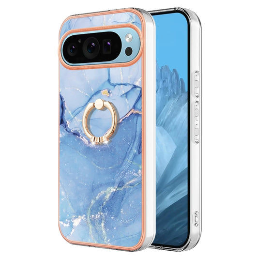 For Google Pixel 9 / 9 Pro Electroplating Marble Dual-side IMD Phone Case with Ring(Blue 018) - Google Cases by buy2fix | Online Shopping UK | buy2fix