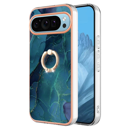 For Google Pixel 9 Pro XL Electroplating Marble Dual-side IMD Phone Case with Ring(Green 017) - Google Cases by buy2fix | Online Shopping UK | buy2fix