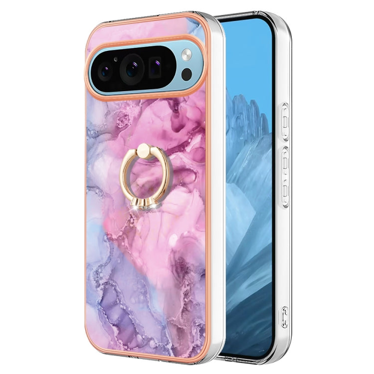 For Google Pixel 9 Pro XL Electroplating Marble Dual-side IMD Phone Case with Ring(Pink 013) - Google Cases by buy2fix | Online Shopping UK | buy2fix