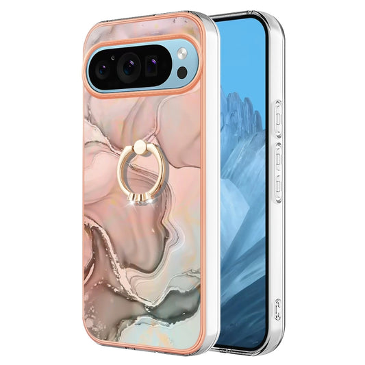 For Google Pixel 9 Pro XL Electroplating Marble Dual-side IMD Phone Case with Ring(Rose Gold 015) - Google Cases by buy2fix | Online Shopping UK | buy2fix