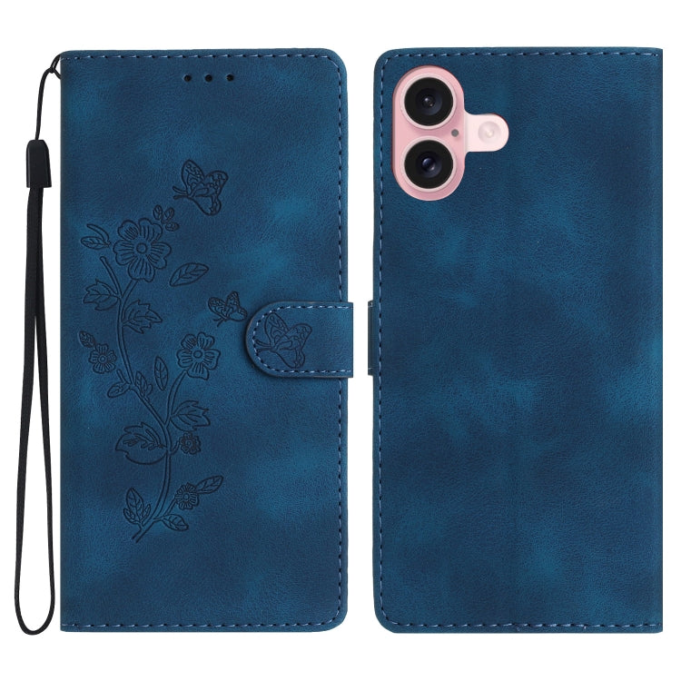 For iPhone 16 Plus Flower Butterfly Embossing Pattern Leather Phone Case(Blue) - iPhone 16 Plus Cases by buy2fix | Online Shopping UK | buy2fix