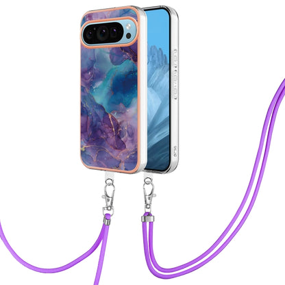 For Google Pixel 9 / 9 Pro Electroplating Marble Dual-side IMD Phone Case with Lanyard(Purple 016) - Google Cases by buy2fix | Online Shopping UK | buy2fix