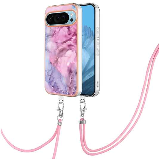 For Google Pixel 9 Pro XL Electroplating Marble Dual-side IMD Phone Case with Lanyard(Pink 013) - Google Cases by buy2fix | Online Shopping UK | buy2fix