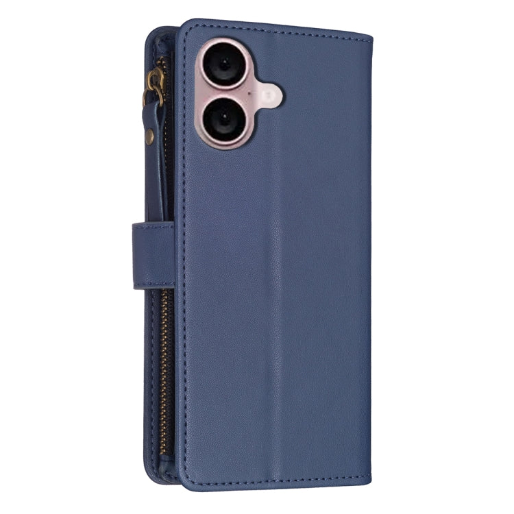 For iPhone 16 9 Card Slots Zipper Wallet Leather Flip Phone Case(Blue) - iPhone 16 Cases by buy2fix | Online Shopping UK | buy2fix