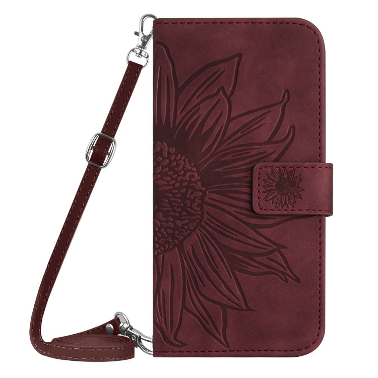 For iPhone SE 2024 Skin Feel Sun Flower Embossed Flip Leather Phone Case with Lanyard(Wine Red) - More iPhone Cases by buy2fix | Online Shopping UK | buy2fix