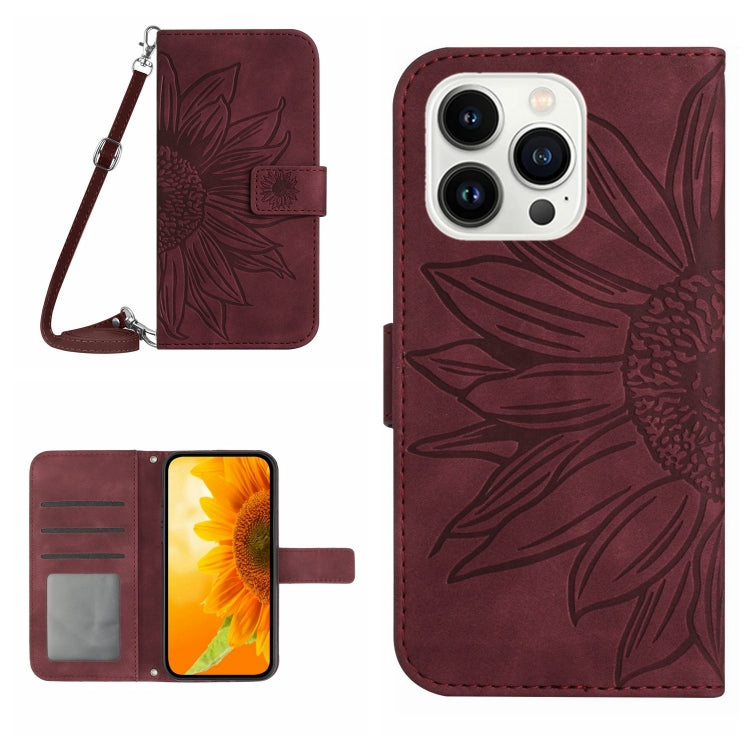 For iPhone 16 Pro Max Skin Feel Sun Flower Embossed Flip Leather Phone Case with Lanyard(Wine Red) - iPhone 16 Pro Max Cases by buy2fix | Online Shopping UK | buy2fix