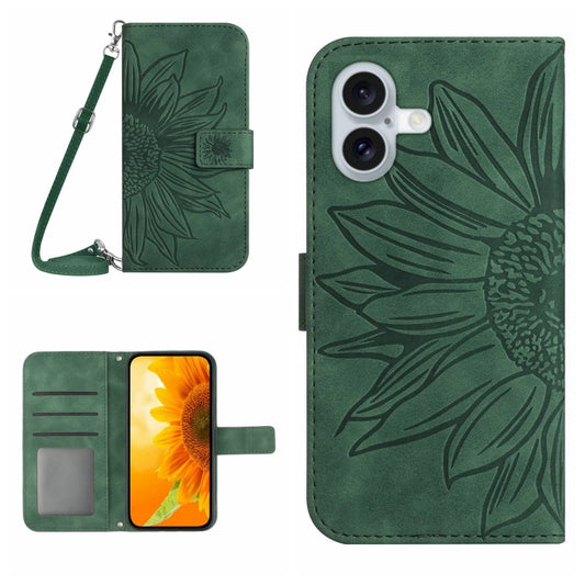 For iPhone 16 Skin Feel Sun Flower Embossed Flip Leather Phone Case with Lanyard(Green) - iPhone 16 Cases by buy2fix | Online Shopping UK | buy2fix