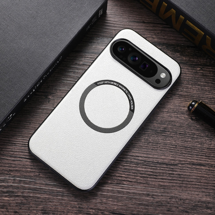 For Google Pixel 9 Magsafe Magnetic Ring Leather Texture Phone Case(White) - Google Cases by buy2fix | Online Shopping UK | buy2fix