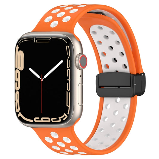 For Apple Watch 8 45mm  Magnetic Buckle Silicone Watch Band(Orange White) - Watch Bands by buy2fix | Online Shopping UK | buy2fix