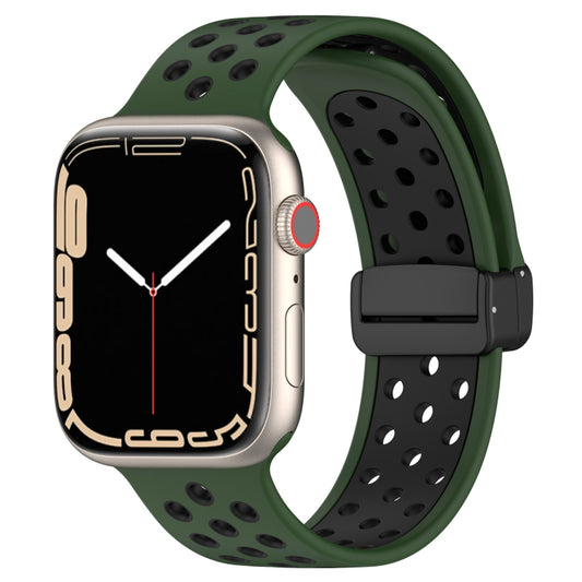 For Apple Watch SE 44mm Magnetic Buckle Silicone Watch Band(Army Green Black) - Watch Bands by buy2fix | Online Shopping UK | buy2fix