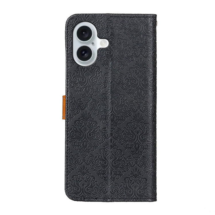 For iPhone 16 Plus European Floral Embossed Leather Phone Case(Black) - iPhone 16 Plus Cases by buy2fix | Online Shopping UK | buy2fix