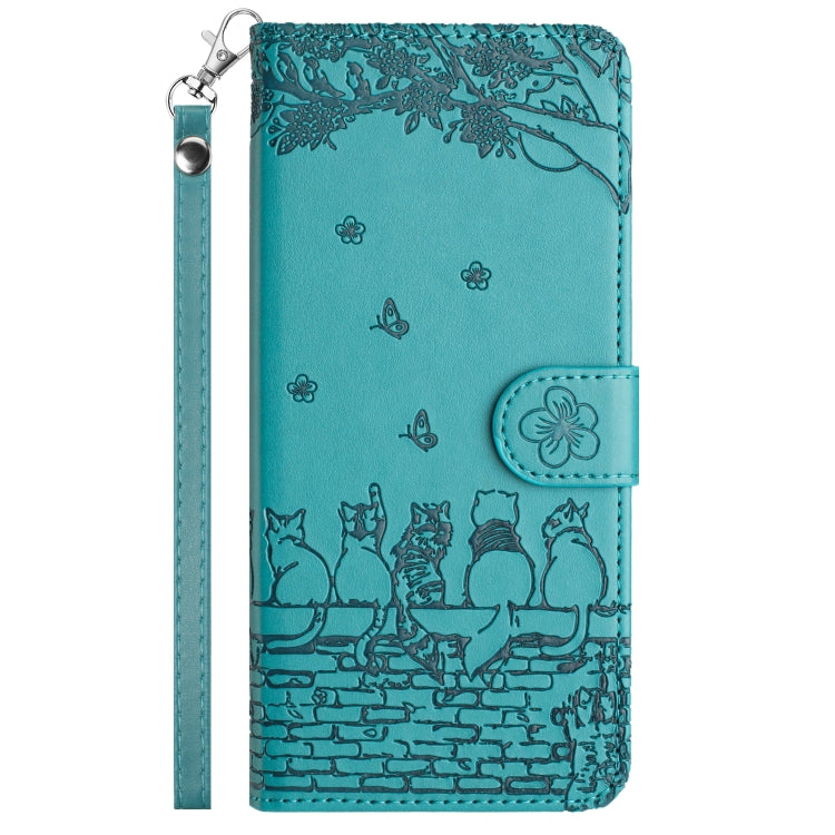 For iPhone 16 Plus Cat Embossing Pattern Leather Phone Case with Lanyard(Blue) - iPhone 16 Plus Cases by buy2fix | Online Shopping UK | buy2fix