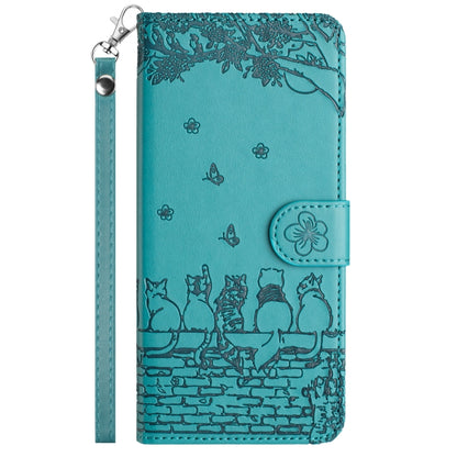 For iPhone 16 Plus Cat Embossing Pattern Leather Phone Case with Lanyard(Blue) - iPhone 16 Plus Cases by buy2fix | Online Shopping UK | buy2fix