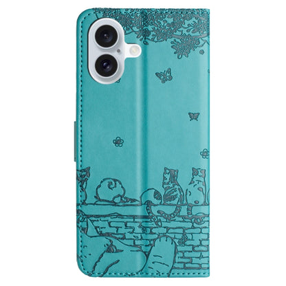 For iPhone 16 Plus Cat Embossing Pattern Leather Phone Case with Lanyard(Blue) - iPhone 16 Plus Cases by buy2fix | Online Shopping UK | buy2fix