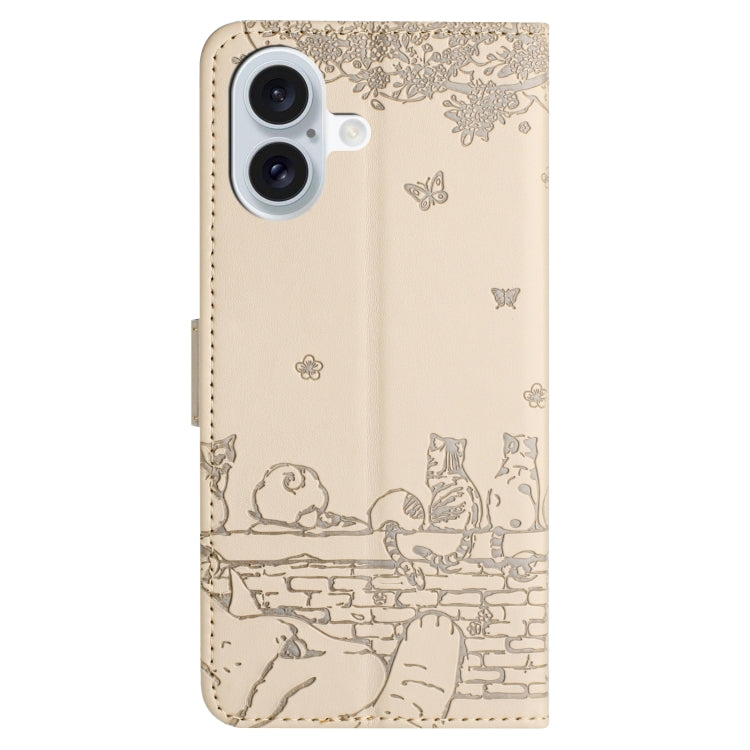 For iPhone 16 Cat Embossing Pattern Leather Phone Case with Lanyard(Beige) - iPhone 16 Cases by buy2fix | Online Shopping UK | buy2fix