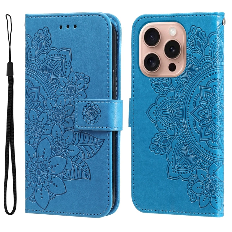 For iPhone 16 Pro 7-petal Flowers Embossing Leather Phone Case(Blue) - iPhone 16 Pro Cases by buy2fix | Online Shopping UK | buy2fix