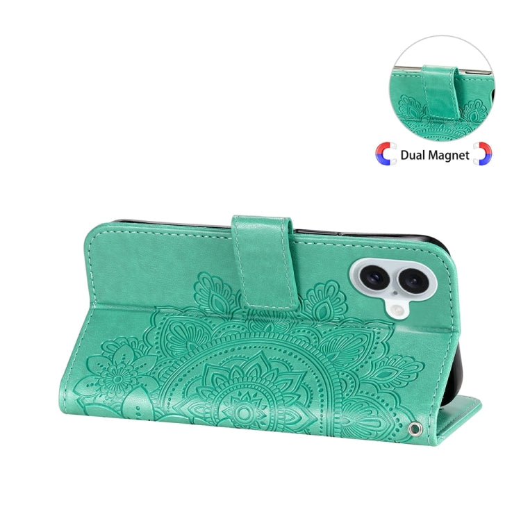 For iPhone 16 Plus 7-petal Flowers Embossing Leather Phone Case(Green) - iPhone 16 Plus Cases by buy2fix | Online Shopping UK | buy2fix