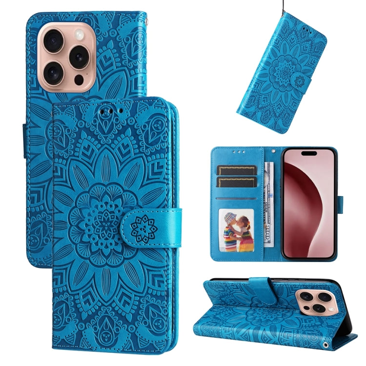 For iPhone 16 Pro Embossed Sunflower Leather Phone Case(Blue) - iPhone 16 Pro Cases by buy2fix | Online Shopping UK | buy2fix