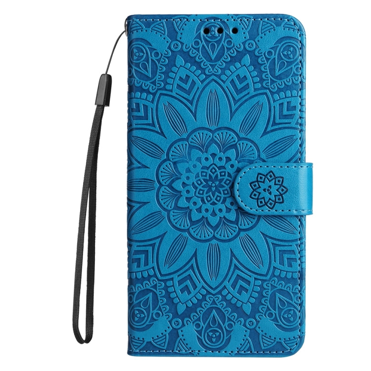 For iPhone 16 Plus Embossed Sunflower Leather Phone Case(Blue) - iPhone 16 Plus Cases by buy2fix | Online Shopping UK | buy2fix