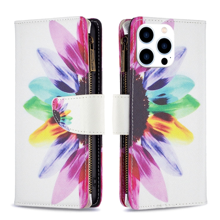 For iPhone 16 Pro Colored Drawing Pattern Zipper Phone Leather Case(Sun Flower) - iPhone 16 Pro Cases by buy2fix | Online Shopping UK | buy2fix