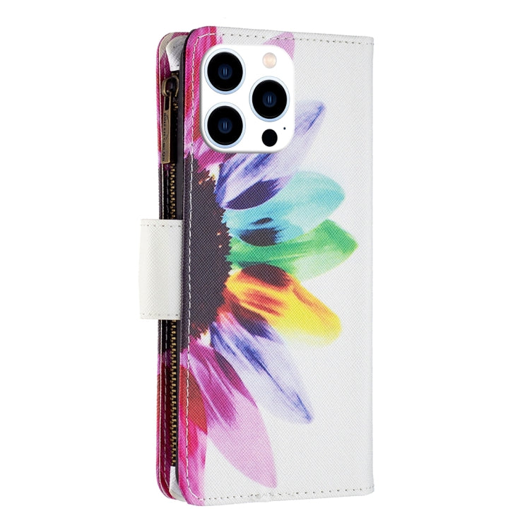 For iPhone 16 Pro Colored Drawing Pattern Zipper Phone Leather Case(Sun Flower) - iPhone 16 Pro Cases by buy2fix | Online Shopping UK | buy2fix