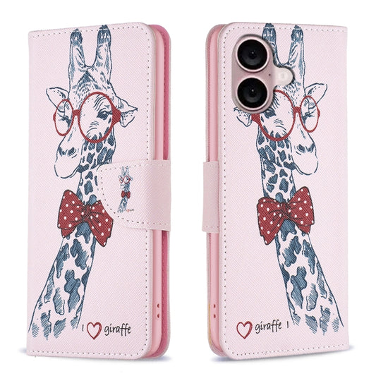 For iPhone 16 Colored Drawing Pattern Leather Phone Case(Giraffe) - iPhone 16 Cases by buy2fix | Online Shopping UK | buy2fix