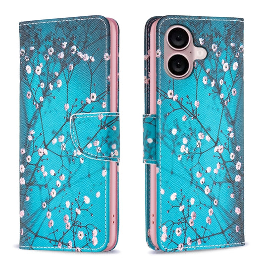 For iPhone 16 Colored Drawing Pattern Leather Phone Case(Plum Blossom) - iPhone 16 Cases by buy2fix | Online Shopping UK | buy2fix