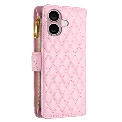 For iPhone 16 Diamond Lattice Zipper Wallet Leather Flip Phone Case(Pink) - iPhone 16 Cases by buy2fix | Online Shopping UK | buy2fix