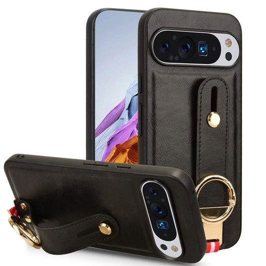 For Google Pixel 9 Pro Wristband Leather Back Phone Case(Black) - Google Cases by buy2fix | Online Shopping UK | buy2fix