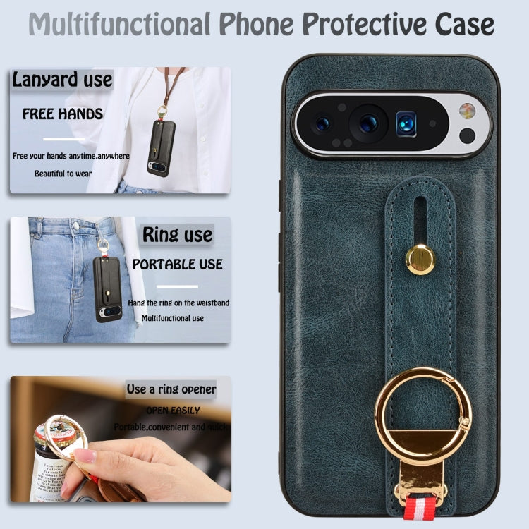 For Google Pixel 9 Pro Wristband Leather Back Phone Case(Blue) - Google Cases by buy2fix | Online Shopping UK | buy2fix