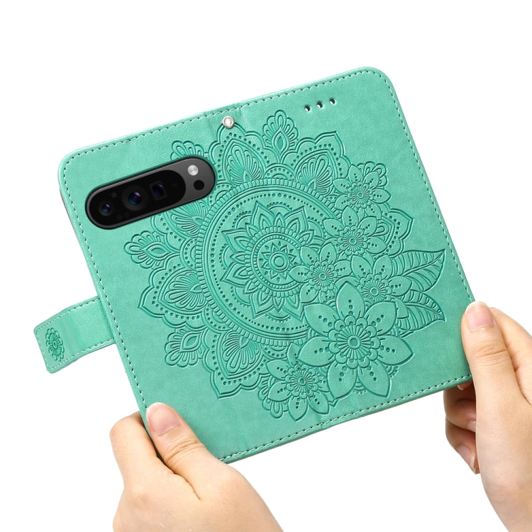 For Google Pixel 9 Pro 7-petal Flowers Embossing Leather Phone Case(Green) - Google Cases by buy2fix | Online Shopping UK | buy2fix