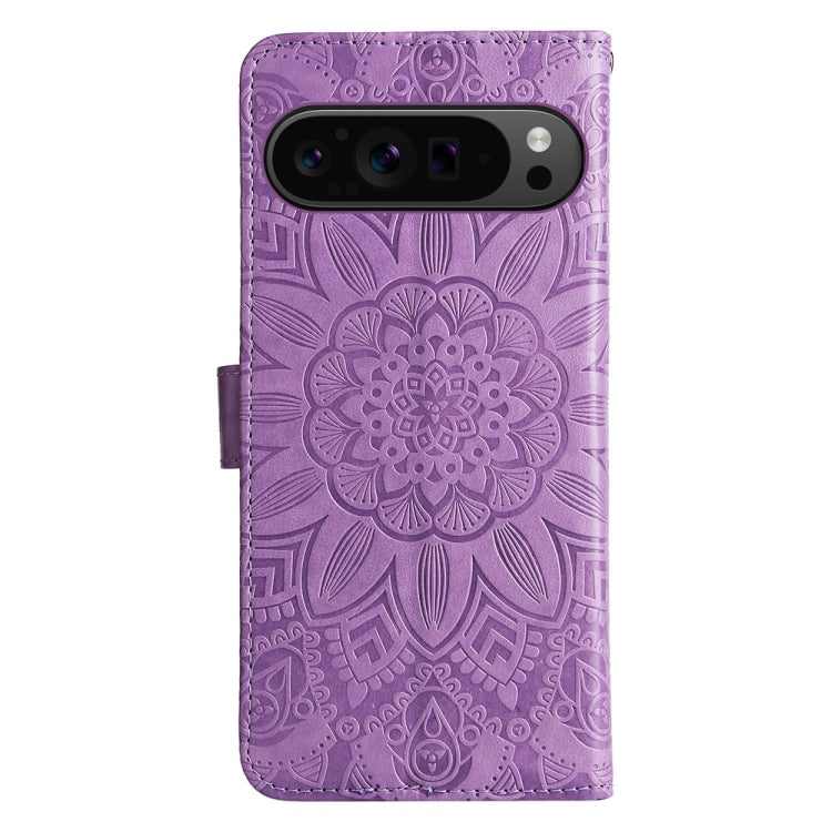 For Google Pixel 9 Pro Embossed Sunflower Leather Phone Case(Purple) - Google Cases by buy2fix | Online Shopping UK | buy2fix