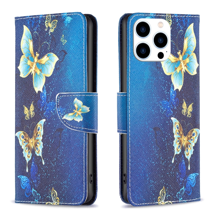 For iPhone 16 Pro Colored Drawing Pattern Flip Leather Phone Case(Gold Butterfly) - iPhone 16 Pro Cases by buy2fix | Online Shopping UK | buy2fix