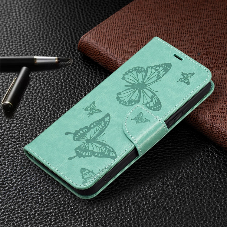 For iPhone 16 Plus Embossing Two Butterflies Pattern Leather Phone Case(Green) - iPhone 16 Plus Cases by buy2fix | Online Shopping UK | buy2fix