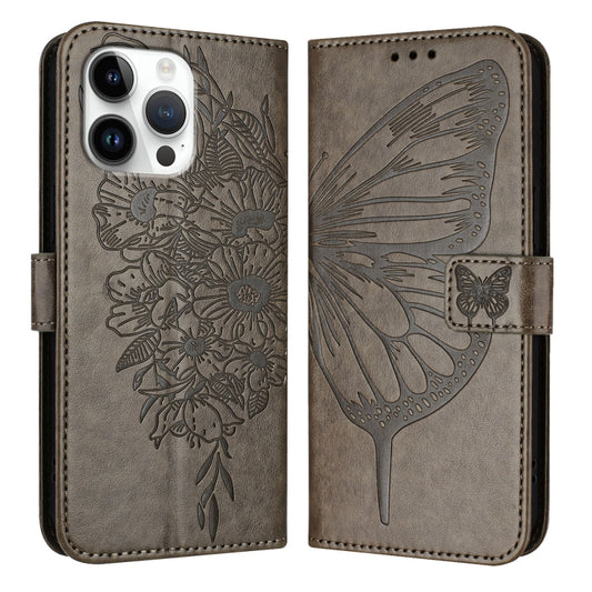 For iPhone 16 Pro Max Embossed Butterfly Leather Phone Case(Grey) - iPhone 16 Pro Max Cases by buy2fix | Online Shopping UK | buy2fix