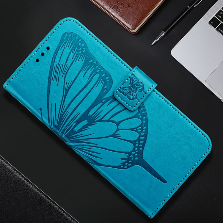 For iPhone 16 Plus Embossed Butterfly Leather Phone Case(Blue) - iPhone 16 Plus Cases by buy2fix | Online Shopping UK | buy2fix