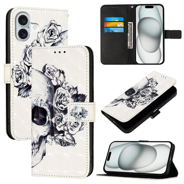 For iPhone 16 Plus 3D Painting Horizontal Flip Leather Phone Case(Skull) - iPhone 16 Plus Cases by buy2fix | Online Shopping UK | buy2fix