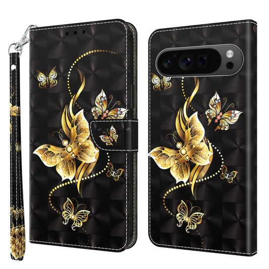 For Google Pixel 9 Pro XL 3D Painted Pattern Leather Phone Case(Golden Butterfly) - Google Cases by buy2fix | Online Shopping UK | buy2fix