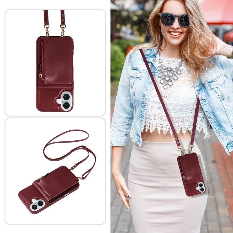 For iPhone 16 Plus Crossbody Lanyard Zipper Wallet Leather Phone Case(Wine Red) - iPhone 16 Plus Cases by buy2fix | Online Shopping UK | buy2fix