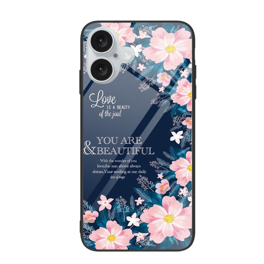 For iPhone 16 Colorful Painted Glass Phone Case(Flower) - iPhone 16 Cases by buy2fix | Online Shopping UK | buy2fix