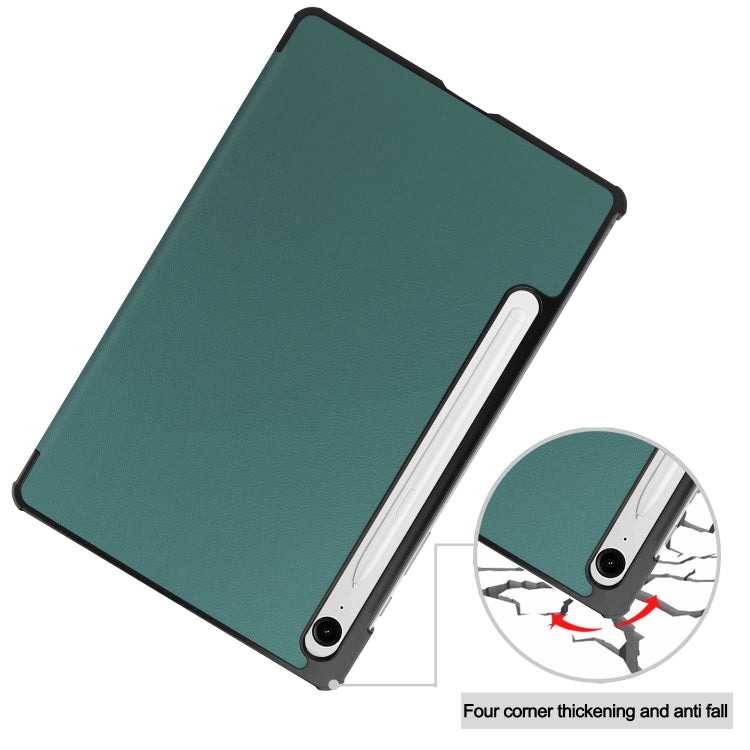 For Samsung Galaxy Tab S9 FE Custer Pure Color 3-Fold Holder Smart Leather Tablet Case(Dark Green) - Galaxy Tab S9 FE by buy2fix | Online Shopping UK | buy2fix