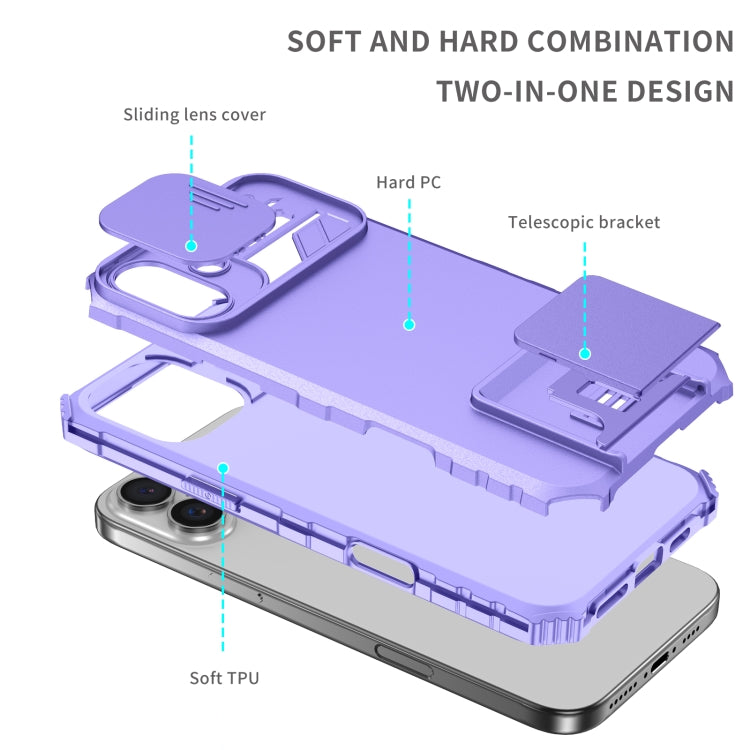 For iPhone 16 Plus Stereoscopic Holder Sliding Camshield Phone Case(Purple) - iPhone 16 Plus Cases by buy2fix | Online Shopping UK | buy2fix