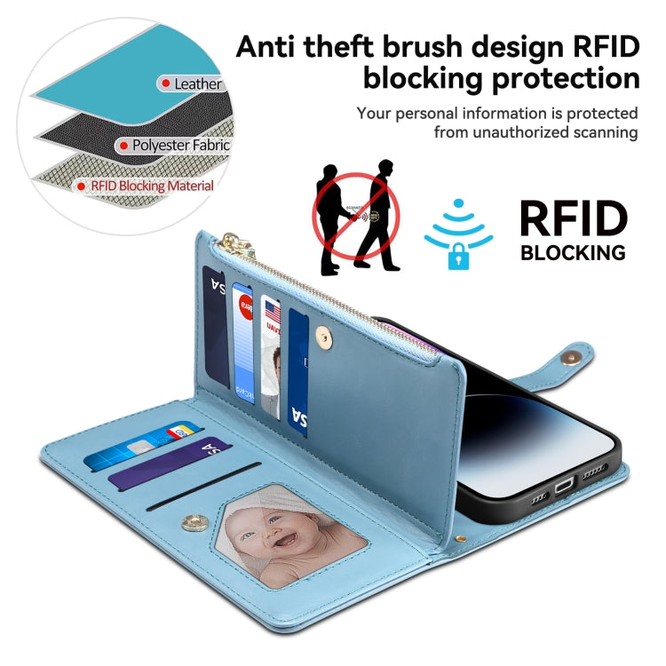 For iPhone 16 ESEBLE Star Series Lanyard Zipper Wallet RFID Leather Case(Blue) - iPhone 16 Cases by ESEBLE | Online Shopping UK | buy2fix