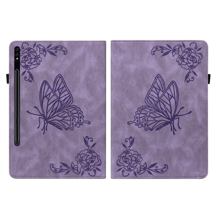 For Samsung Galaxy Tab S9 Butterfly Flower Embossed Leather Tablet Case(Purple) - Galaxy Tab S9 Cases by buy2fix | Online Shopping UK | buy2fix