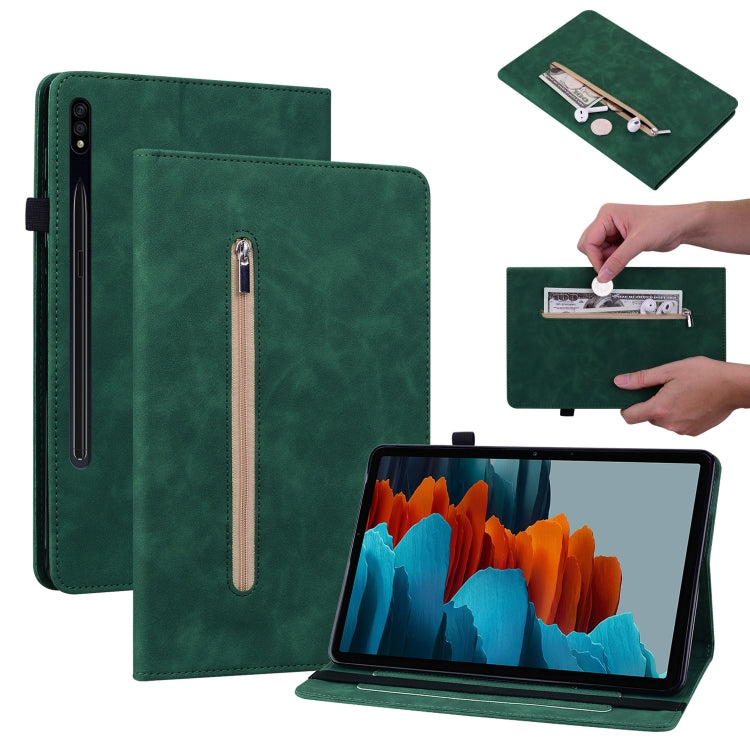 For Samsung Galaxy Tab S9 Skin Feel Solid Color Zipper Leather Tablet Case(Green) - Galaxy Tab S9 Cases by buy2fix | Online Shopping UK | buy2fix